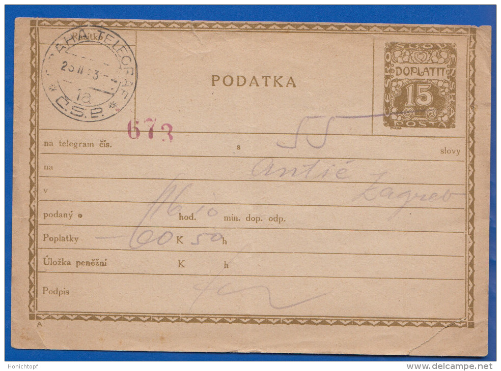 Tschechien; Doplatit Taxe; Stempel Praha Telegraf - Cartes Postales