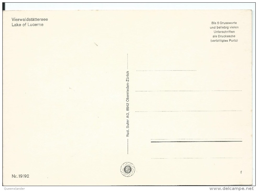 Lake Of Lucerne  Nr 19192 Rud Suter AG 8942 Oberrienden - Zurich   Front & Back Shown - Lucerne