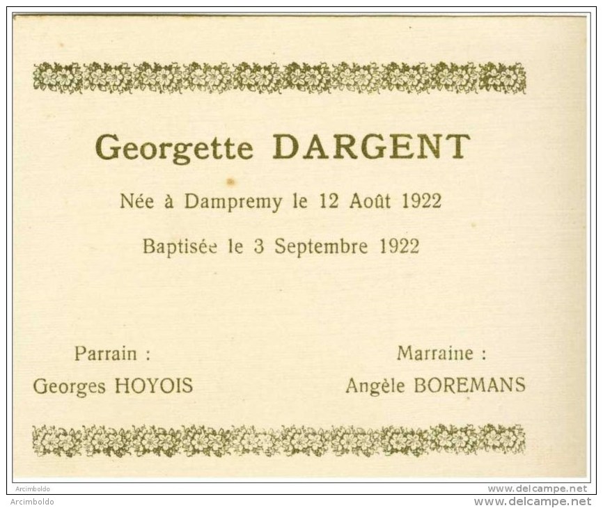 Faire-part De Naissance/baptème : Georgette, Dampremy 1922 - Nacimiento & Bautizo