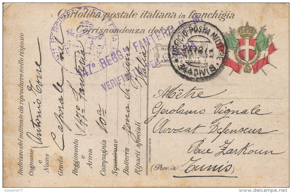 CPA Militaire Italienne De 1916 à Destination De La Tunisie - Documents