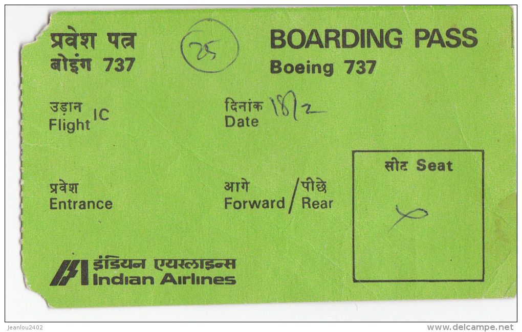 BOARDING PASS - INDIAN AIRLINES - BOING 737 - World
