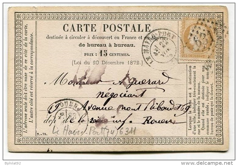 !!! CARTE PRECURSEUR CERES CACHET DU HAVRE PORT (SEINE INFERIEURE) 1874 - Precursor Cards