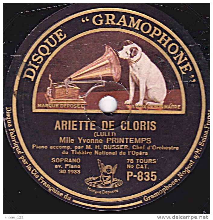 78 Tours - DISQUE "GRAMOPHONE"  P-835 - état TB -Yvonne PRINTEMPS - ARIETTE DE CLORIS - LA GRANDE DUCHESSE DE GEROLSTEIN - 78 Rpm - Schellackplatten