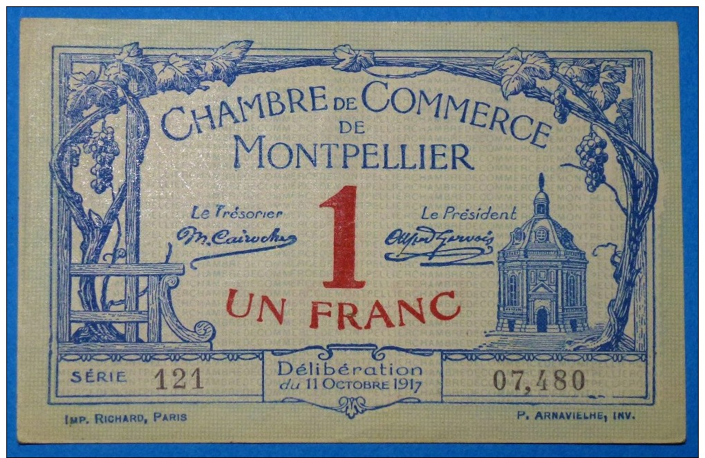 CHAMBRE De COMMERCE De MONPELLIER 1 Fr Série 121 Du 11 Octobre 1917  Banque Billet  Paper Money Port Gratuit - Chambre De Commerce