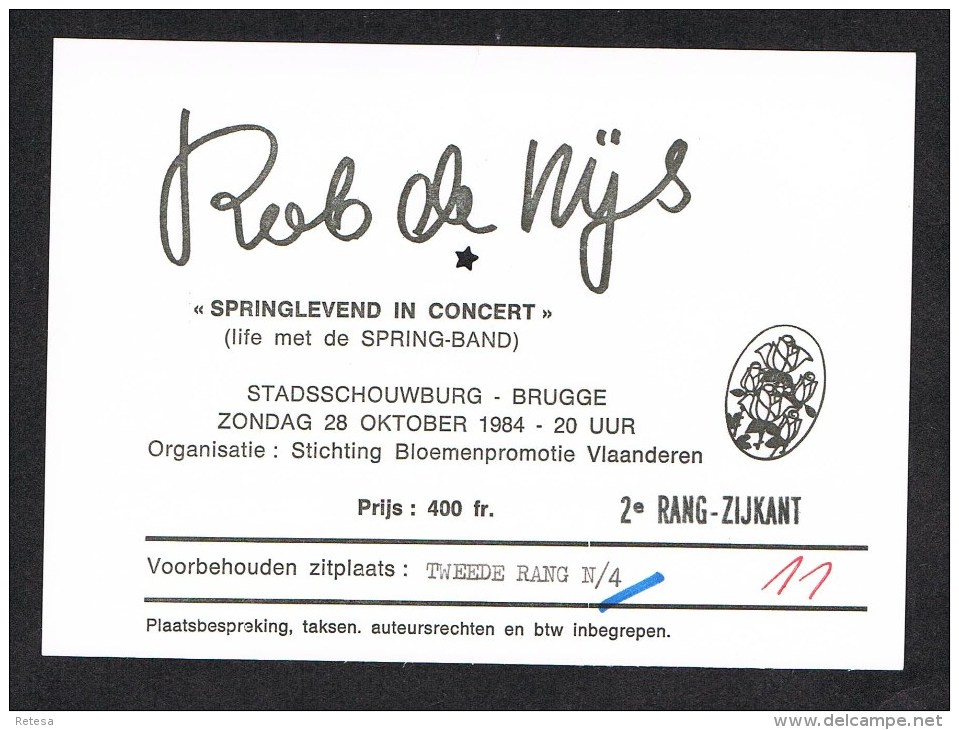 ROB DE NIJS SPRINGLEVEND IN CONCERT BRUGGE  28 OKT. 1984  GEBRUIKTE TOEGANGSKAART - Tickets D'entrée