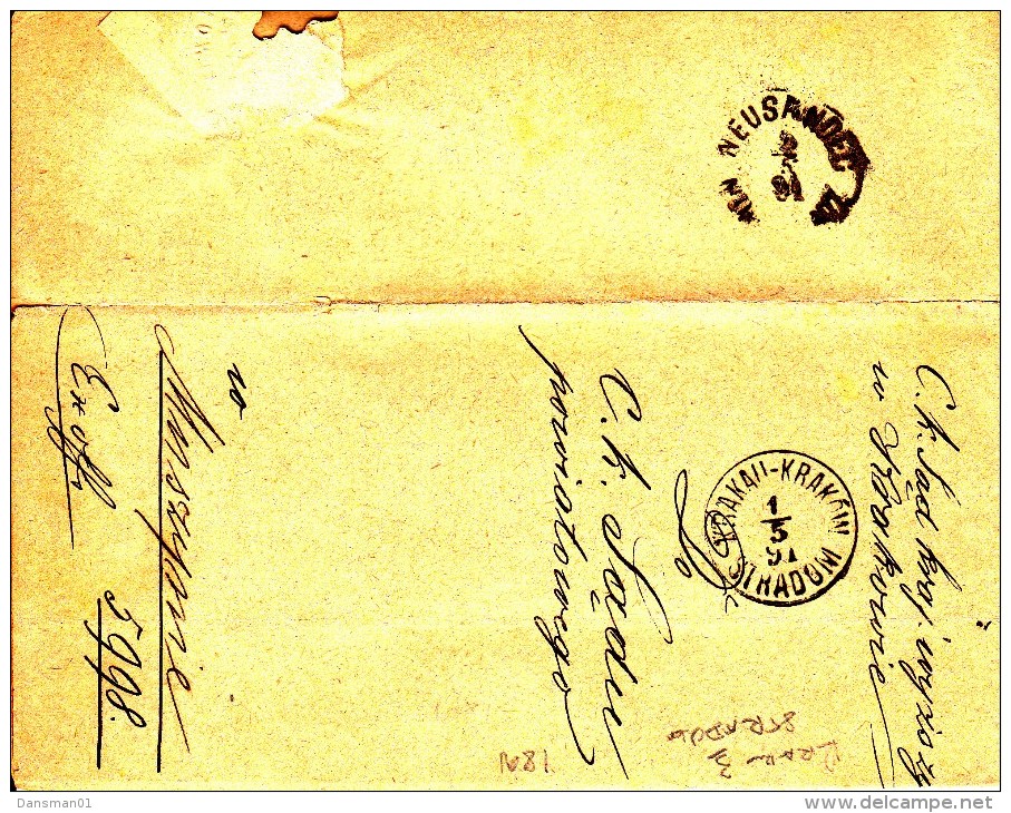 POLAND Prephilatelic  1891 KRAKAU To NEU SANDEC Cover - ...-1860 Prephilately