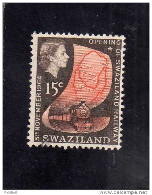 SWAZILAND 1964 QUEEN ELIZABETH II DEFINITIVE OPENING RAILWAY  REGINA ELISABETTA APERTURA FERROVIA 15 CENT. USED - Swasiland (...-1967)