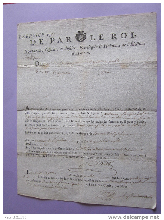RECU DE PAR LE ROI  DE 1788  RARE VILLE AGEN - Assignats & Mandats Territoriaux