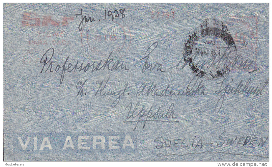 Argentina Via Aerea SUDAMERICANA SKF Cia., (Red) Meter Stamp 1938 Cover Letra To UPPSALA Sweden (2 Scans) - Briefe U. Dokumente