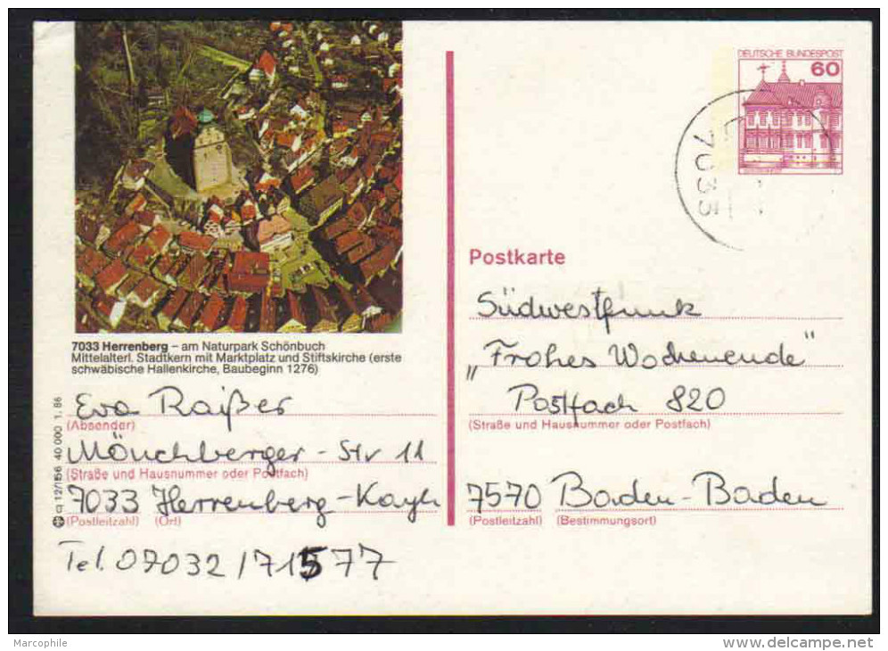 7033 - HERRENBERG - BRD - SCHÖNBUCH / 1986  GANZSACHE - BILDPOSTKARTE (ref E329) - Geïllustreerde Postkaarten - Gebruikt