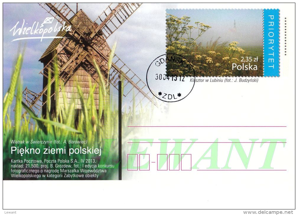 M POLAND - Postcard - 2013.04.30. Cp 1642 - The Beauty Of Polish Land (monastery In Lubin) Windmill In Swierczyn - Used - Entiers Postaux