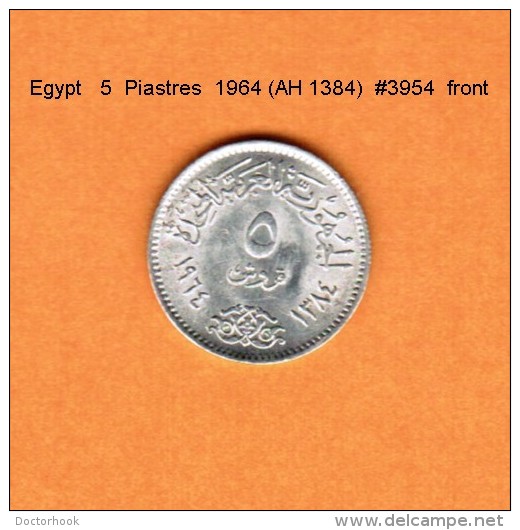EGYPT   5  PIASTRES   SILVER  1964 (AH 1384)   (KM # 404) - Egypt
