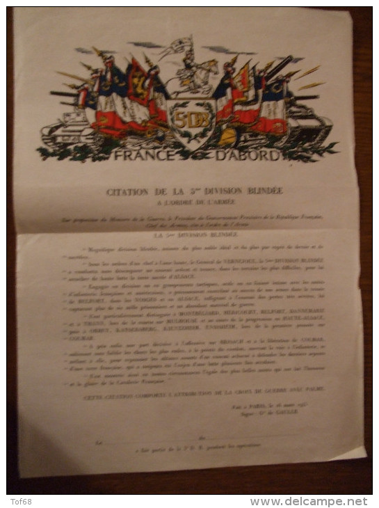 Document 5em DB France D'abord Citation Du General De Gaulle Du 16 Mars 1945 - Documents