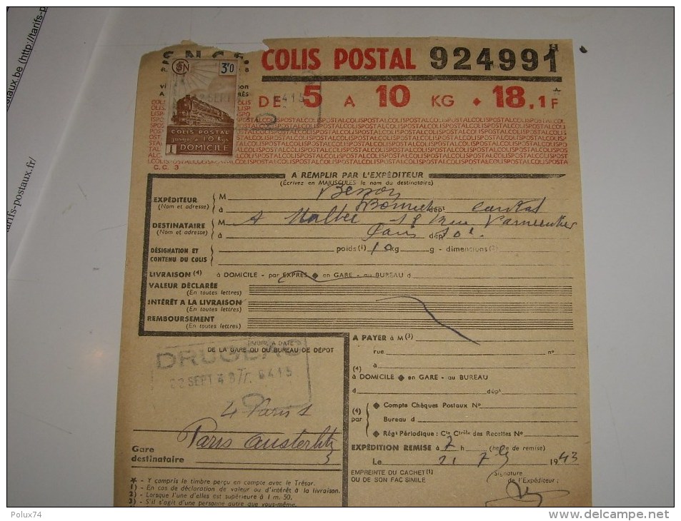Colis Postaul 3 Francs Document 1943 - Lettres & Documents