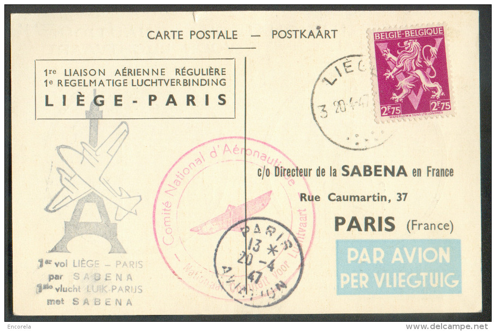 N°685A Obl. Sc LIEGE 3 Sur Carte 1er Vol LIEGE-PARIS 20-1-1947 + Cachet Spécial - 9497 - Altri & Non Classificati