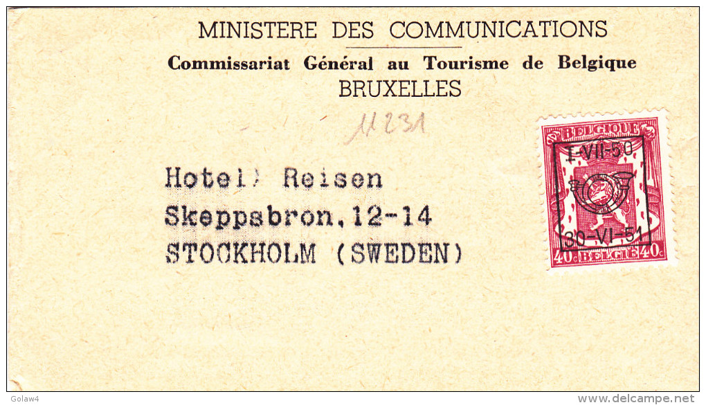 11231# BELGIQUE PETIT SCEAU PREOBLITERE 1-VII-50 / 30-VII-51 / BANDE IMPRIME Pour STOCKHOLM SUEDE SVERIGE SWEDEN - Typo Precancels 1936-51 (Small Seal Of The State)