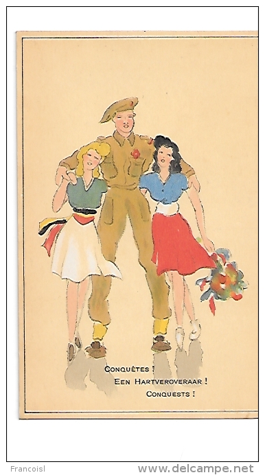 Conquêtes. Een Hartveroveraar! Militaire Entre Deux Jeunes Filles. Ceinture Tricolore, Fleurs - Humoristiques