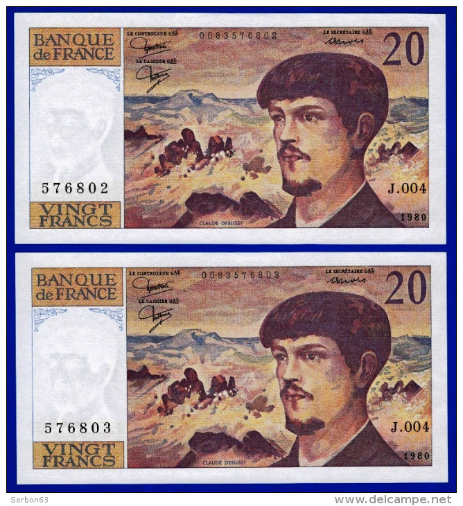 DEUX BILLETS PAIRE 20 FRANCS DEBUSSY NEUF (TRACE COMPTAGE) TYPE 1980 ALPHABET J.004 N° 576802 ET 576803 DE1980 - 20 F 1980-1997 ''Debussy''