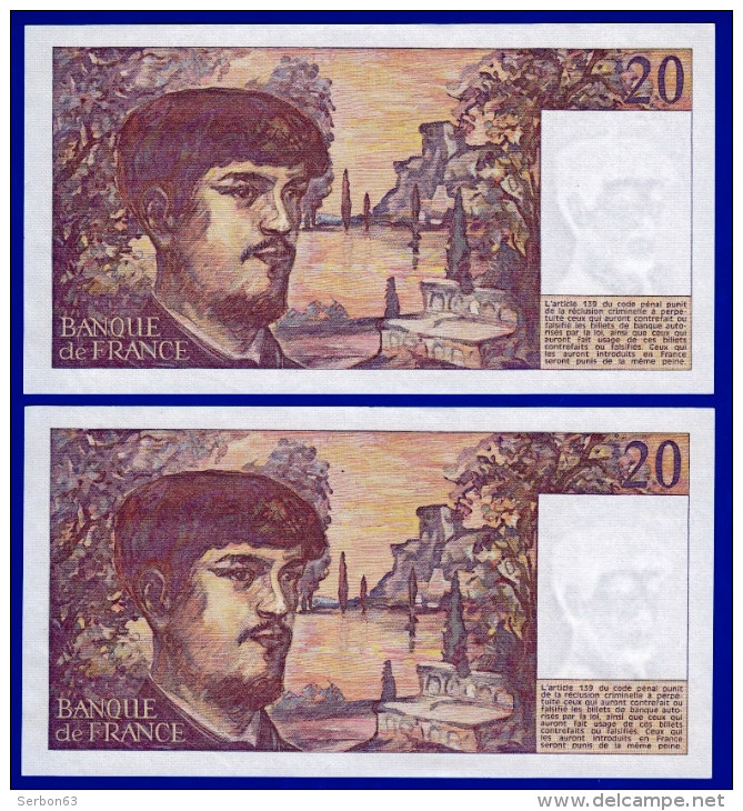 DEUX BILLETS PAIRE 20 FRANCS DEBUSSY NEUF (TRACE COMPTAGE) TYPE 1980 ALPHABET J.004 N° 576802 ET 576803 DE1980 - 20 F 1980-1997 ''Debussy''