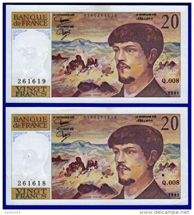 DEUX BILLETS PAIRE 20 FRANCS DEBUSSY SPL EPINGLAGE SANS TRACE COMPTAGE TYPE 1980 ALPHABET Q.008 N° 261618 ET 261619-1981 - 20 F 1980-1997 ''Debussy''