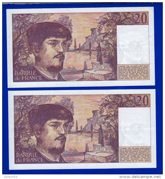 DEUX BILLETS PAIRE 20 FRANCS DEBUSSY SPL PLI VERTICAL ET HORIZONTAL TYPE 1980 ALPHABET M.009 N° 521581 ET 521582-1982 - 20 F 1980-1997 ''Debussy''