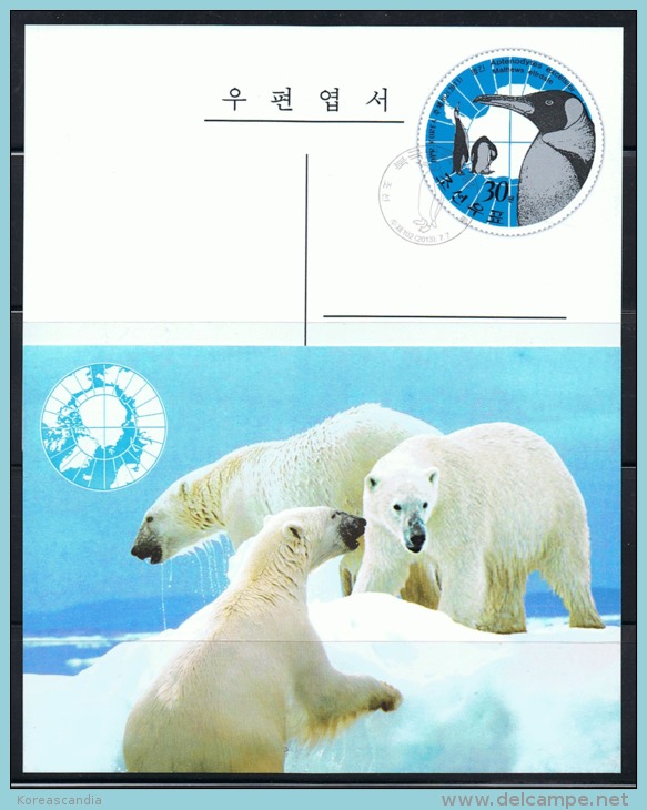NORTH KOREA 2013 ARCTIC & ANTARCTIC ANIMALS POSTCARD CANCELED - Preserve The Polar Regions And Glaciers