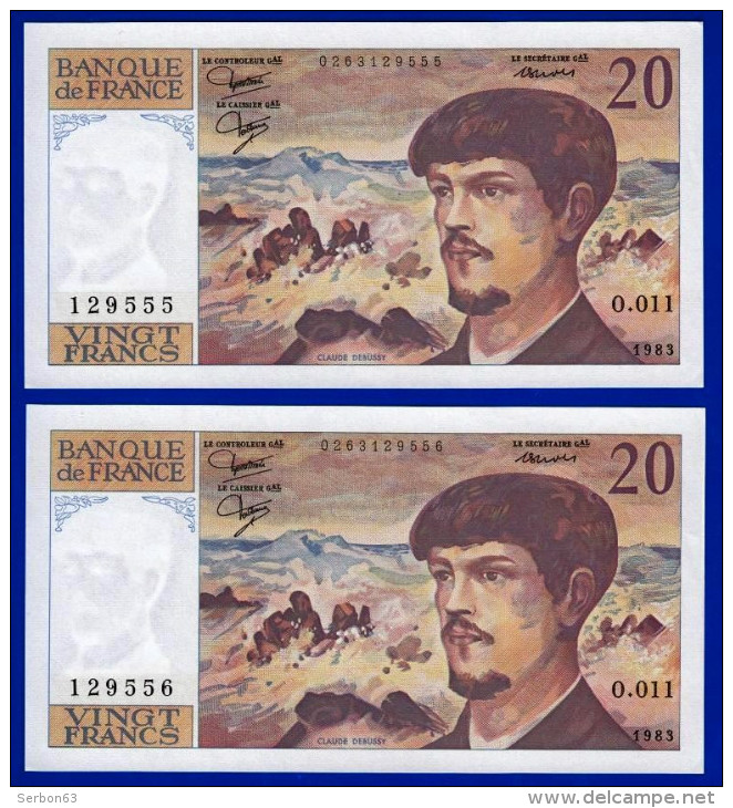 DEUX BILLETS PAIRE 20 FRANCS DEBUSSY NEUF (TRACE COMPTAGE) TYPE 1980 ALPHABET O.011 N° 129556 ET 129555 DE1983 - 20 F 1980-1997 ''Debussy''