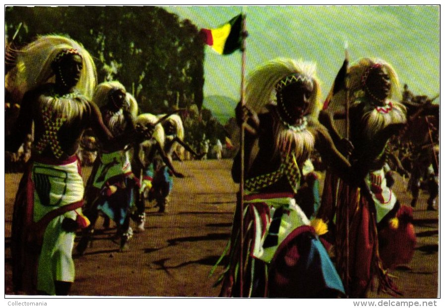 CONGO BELGE 20 postcards Voyage of Belgian King in Congo c1955 advertising : Chocolate COTE d'Or etnic  warriors VG