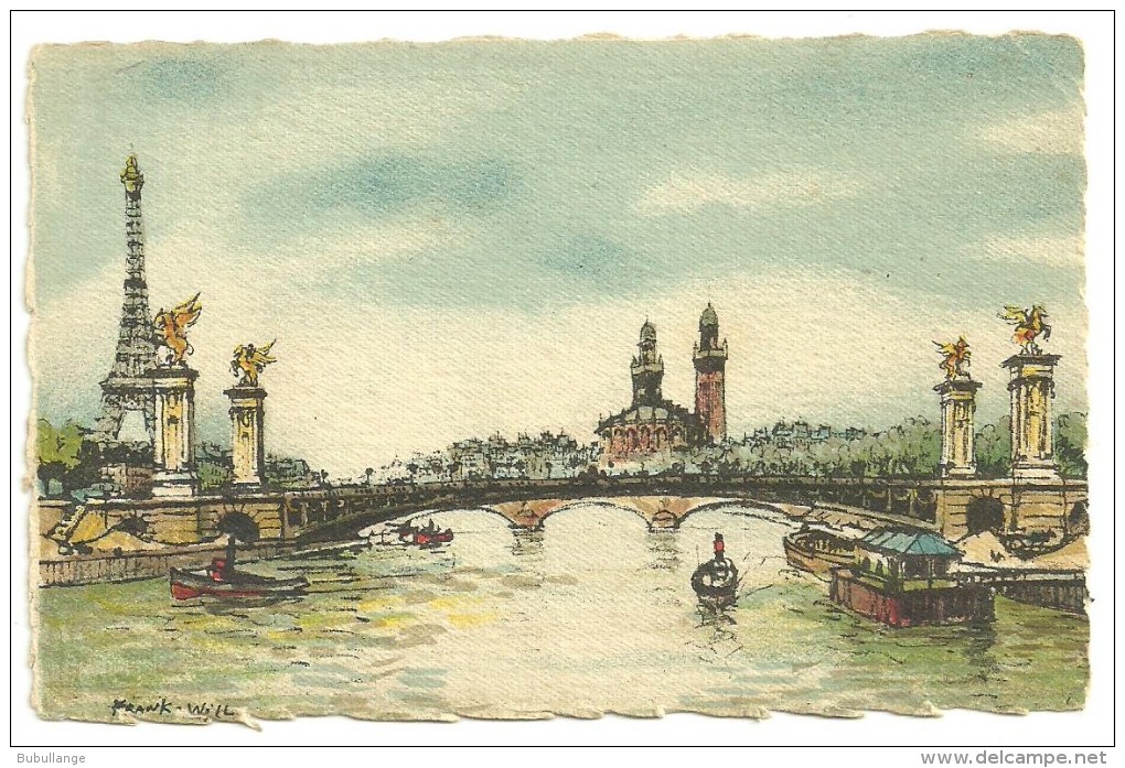 Au Bon Marché,  Le Pont Alexandre III, Peinture De Frank Will ,format CP, Sur Papier Dessin , Bords Découpés, Scan Dos - Au Bon Marché