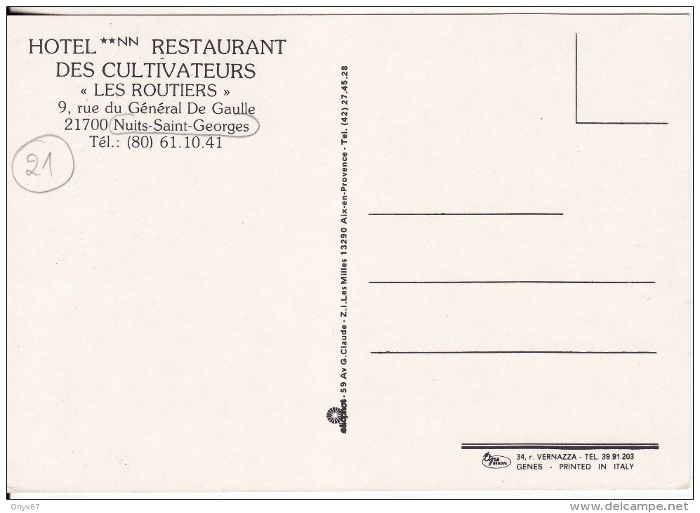 NUITS-SAINT-GEORGES (Côte D'Or) Hôtel Restaurant Des Cultivateurs "Les Routiers" 9 Rue Du Général De Gaulle-VOIR 2 SCANS - Nuits Saint Georges