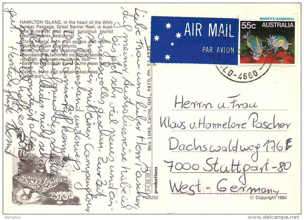 1985?  Air Postcard To GErmany  55&cent; Bennett's Nudibranch Solo - Covers & Documents