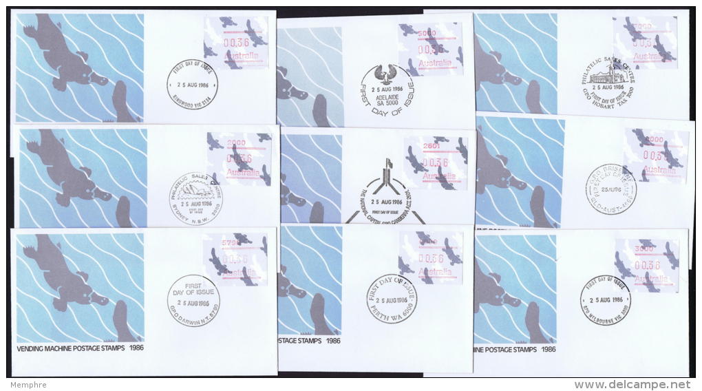 1986  Platypus  50 Cent Framas  Set Of 9 FDcs, Different Post Offices - Viñetas De Franqueo [ATM]