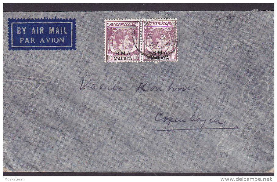 B.M.A. Malaya Airmail 1947 Cover Brief To Denmark 10 C (Pair Paare) König George VI. Stamps (2 Scans) - Malaya (British Military Administration)