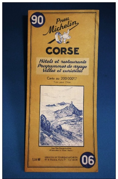 Carte Routiére Ancienne MICHELIN De La CORSE N° 90 Hôtels Et Restaurants 1962 - Cartes Routières