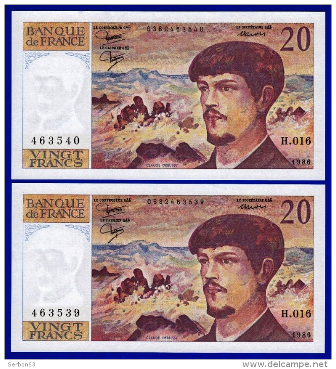 DEUX BILLETS PAIRE 20 FRANCS DEBUSSY NEUF LEGERE TRACE DE COMPTAGE TYPE 1980 ALPHABET H.016 N° 463540 ET 463539 DE 1986 - 20 F 1980-1997 ''Debussy''