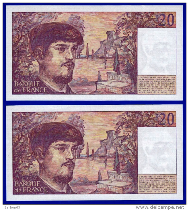 DEUX BILLETS PAIRE 20 FRANCS DEBUSSY NEUF LEGERE TRACE DE COMPTAGE TYPE 1980 ALPHABET H.016 N° 463540 ET 463539 DE 1986 - 20 F 1980-1997 ''Debussy''