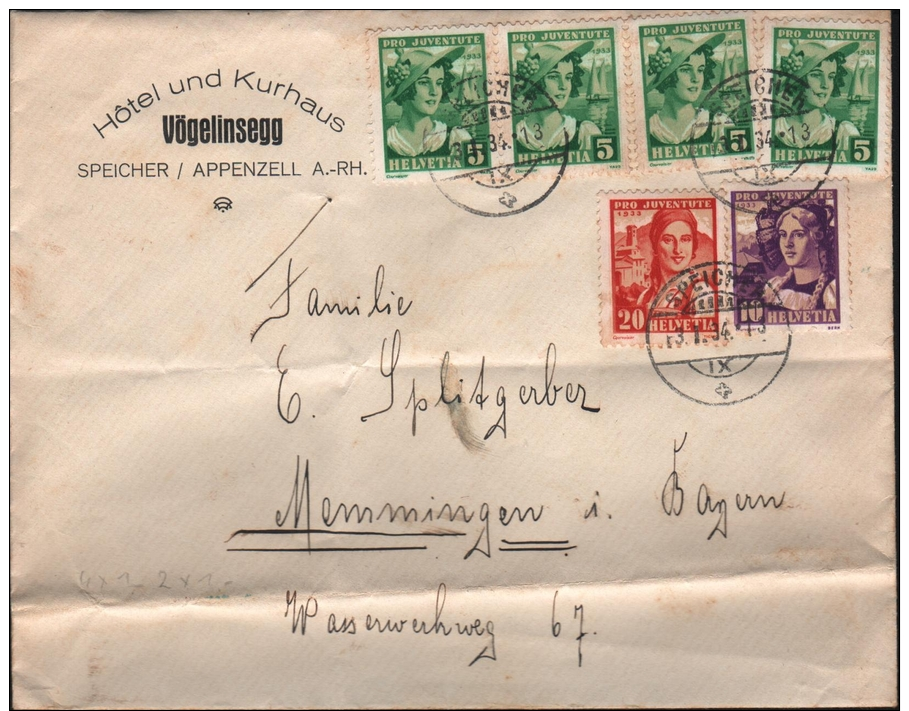 SCHWEIZ - BRIEF SPEICHER/APPENZELL -&gt; MEMMINGEN/BAYERN 3.1.1934 Mi #266-268 - Lettres & Documents