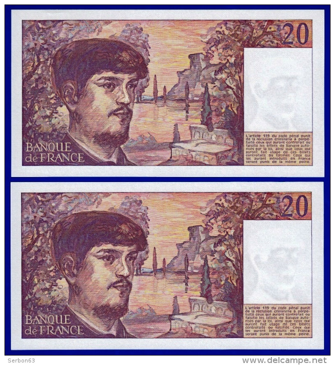 DEUX BILLETS PAIRE 20 FRANCS DEBUSSY NEUF TYPE 1980 ALPHABET N.016 N° 463466 ET 463467 DE 1986 - 20 F 1980-1997 ''Debussy''