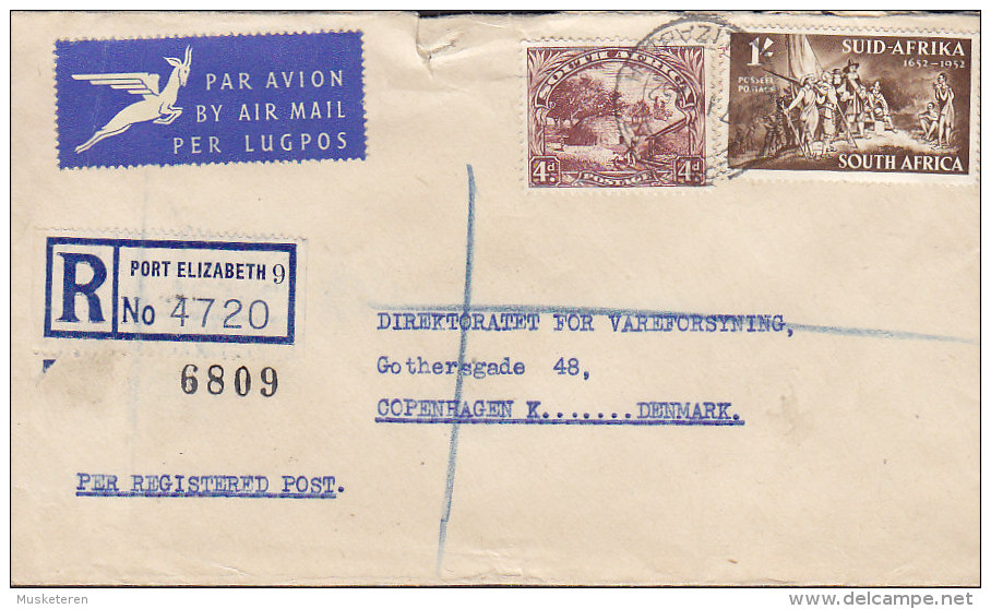 South Africa Via Airmail & Registered Labels PORT ELIZABETH (9.) 1952 Cover Brief To Denmark 4d. & 1´- Sh. Stamps - Briefe U. Dokumente