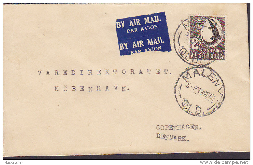 Australia By Airmail Par Avion Labels Deluxe MALENY Qld. 1952 Cover To Denmark 2'- Sh. Aboriginal Art Crocodile Stamp - Cartas & Documentos