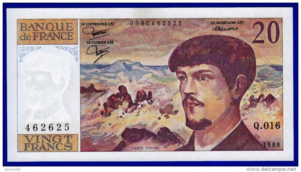 UN BILLET 20 FRANCS DEBUSSY NEUF (A PEINE TRACE COMPTAGE) TYPE 1980 ALPHABET Q.016 N° 462625 DE1986 - 20 F 1980-1997 ''Debussy''