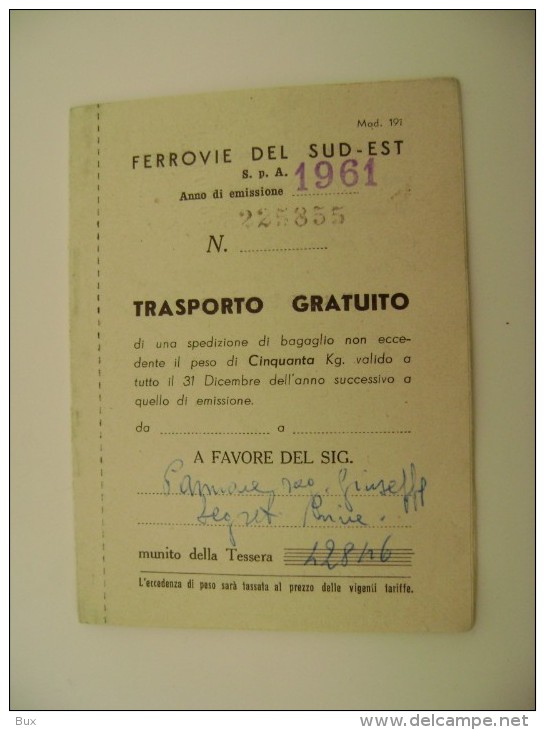 BARI TESSERA FERROVIA DEL SUD EST SPA   1962  CON BLOCCHETTO BIGLIETTI   TESSERA CON FOTO  ARCH TESSERE - Europa