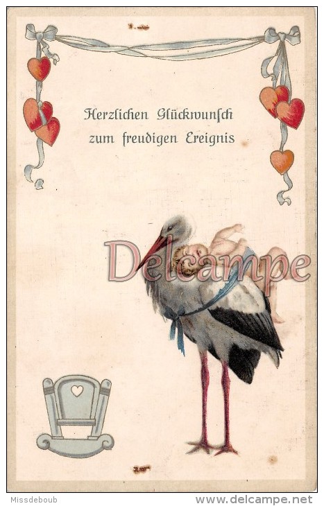 Illustration - Cigogne, Bébé, Berceau - Herzlichen Glückrvunfch Zum Freudigen Ereignis - - Naissance