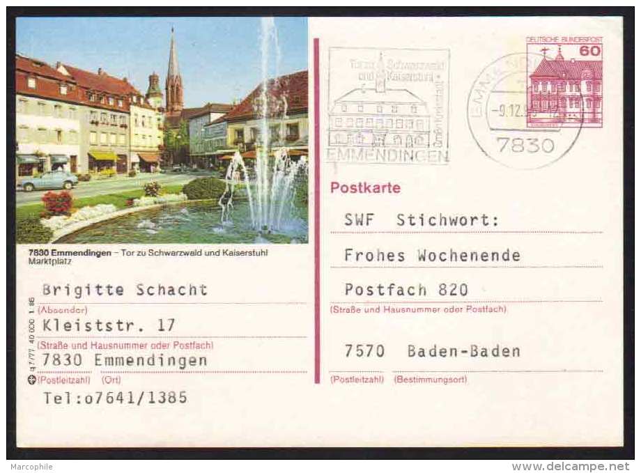 7830 - EMMENDINGEN - SCHWARZWALD / 1986  GANZSACHE - BILDPOSTKARTE MIT GLEICHEM STEMPEL  (ref E391) - Illustrated Postcards - Used