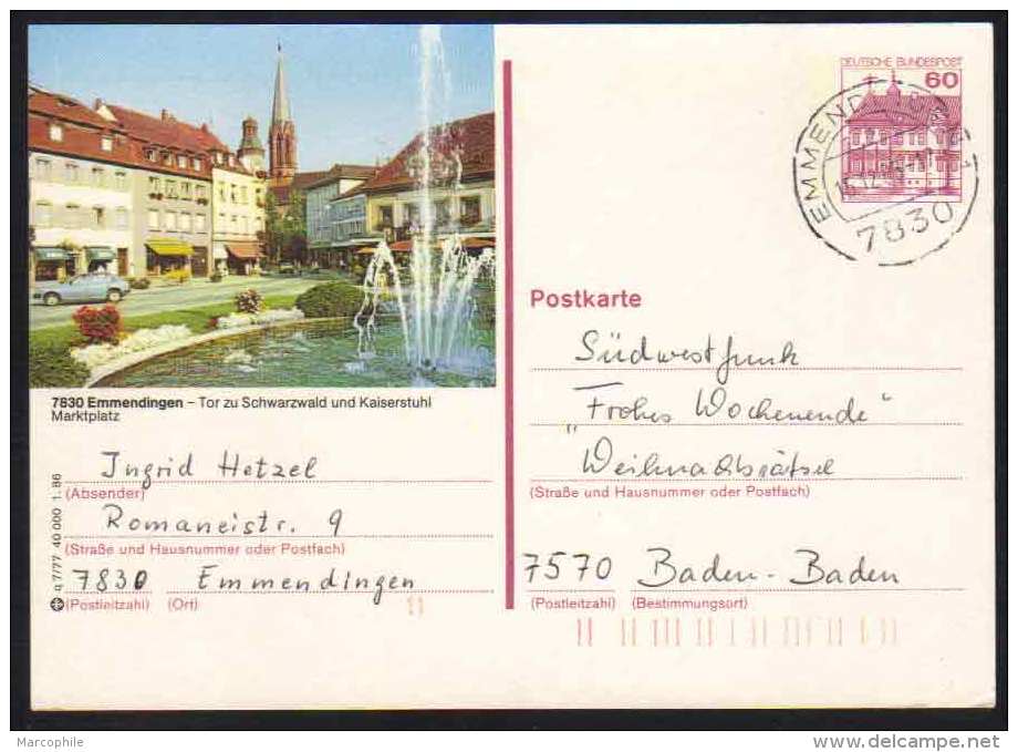 7830 - EMMENDINGEN - SCHWARZWALD / 1986  GANZSACHE - BILDPOSTKARTE MIT GLEICHEM STEMPEL  (ref E392) - Illustrated Postcards - Used