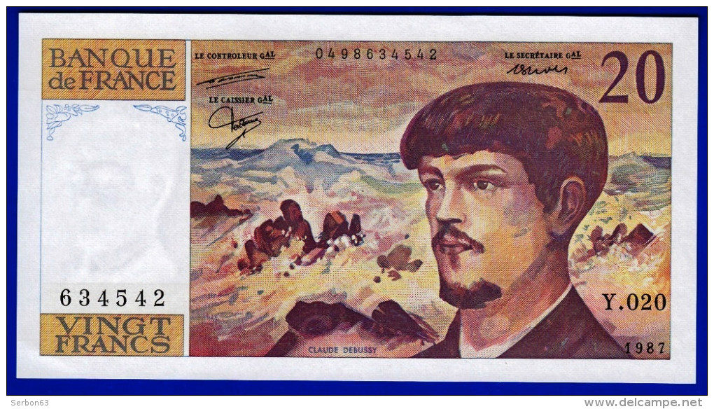 UN BILLET 20 FRANCS DEBUSSY NEUF TYPE 1980 ALPHABET Y.020 N° 634542 DE 1987 POUR LES SPECIALISTE DE L'OEIL VAIRON - 20 F 1980-1997 ''Debussy''