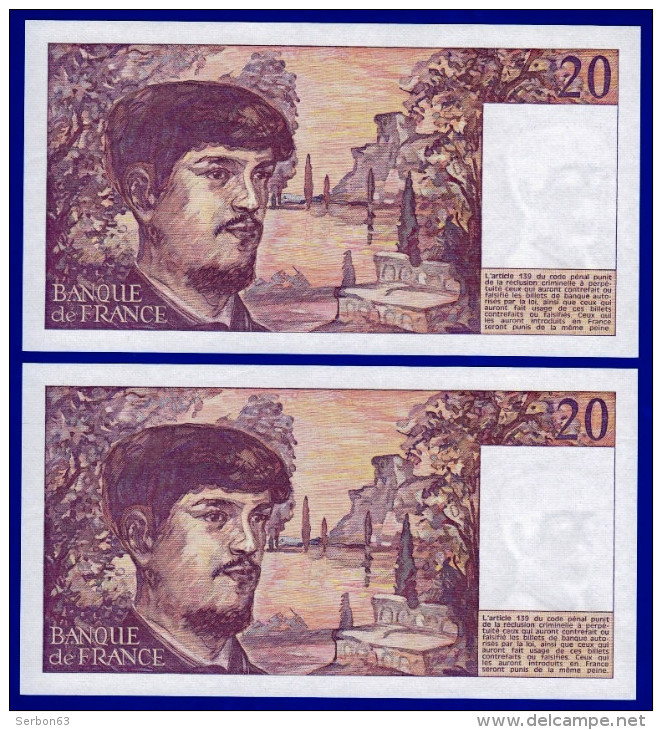 DEUX BILLETS PAIRE 20 FRANCS DEBUSSY NEUF LEGERE TRACE DE COMPTAGE TYPE 1980 ALPHABET U.020 N° 637106 ET 637107 DE 1987 - 20 F 1980-1997 ''Debussy''