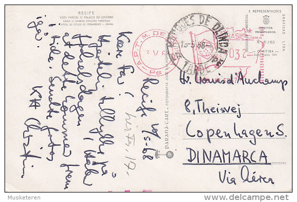 Brazil PPC Recife Vista Parcial Palacio Do Governo OLINDA Meter Stamp 1968 To Denmark (2 Scans) - Recife