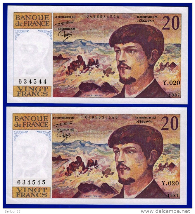 DEUX BILLETS PAIRE 20 FRANCS DEBUSSY NEUF TYPE 1980 ALPHABET Y.020 N° 634544 ET 634545 DE 1987 SPECIALISTE OEIL VAIRON - 20 F 1980-1997 ''Debussy''