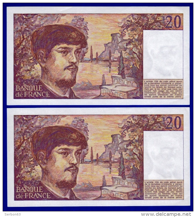 DEUX BILLETS PAIRE 20 FRANCS DEBUSSY NEUF TYPE 1980 ALPHABET Y.020 N° 634544 ET 634545 DE 1987 SPECIALISTE OEIL VAIRON - 20 F 1980-1997 ''Debussy''